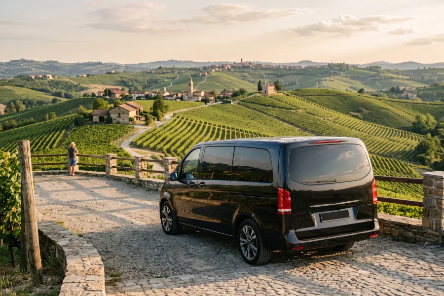 Un minivan nero fermo a un belvedere panoramico sulle Langhe