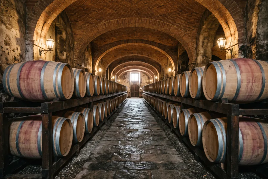 Le barrique in fila sotto la volta di una cantina delle Langhe