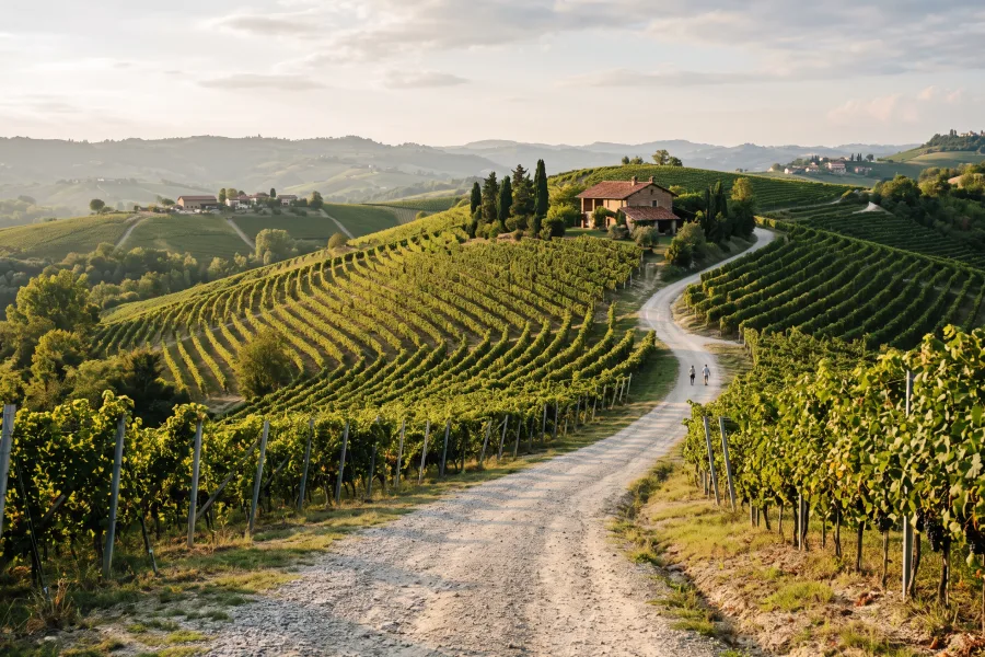 Una strada bianca che sale fra i filari, sulle colline del Barolo